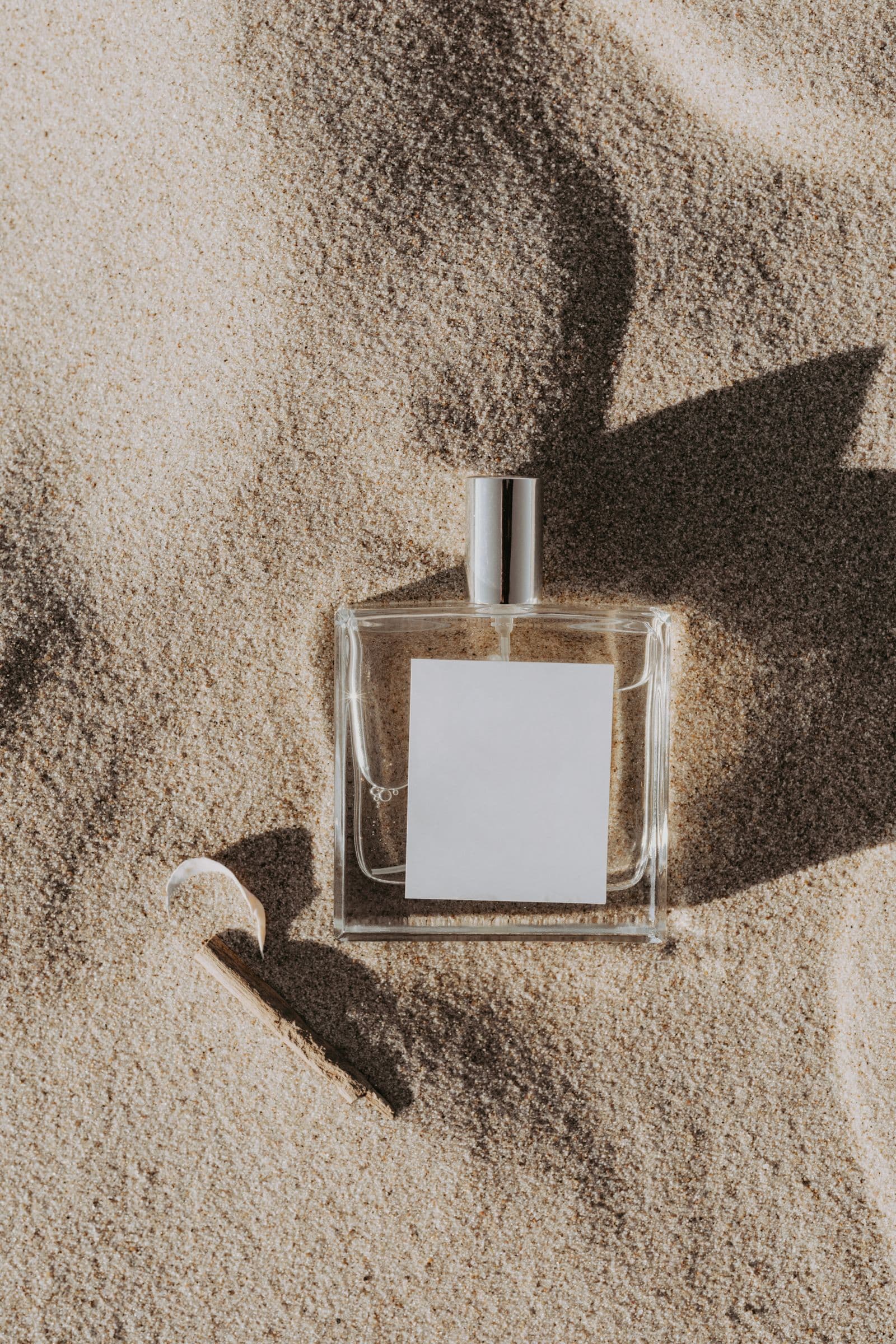 Vetiver Cuivre — a square glass perfume bottle with a silver cap and blank label, resting on sand beside a piece of driftwood and a small shell